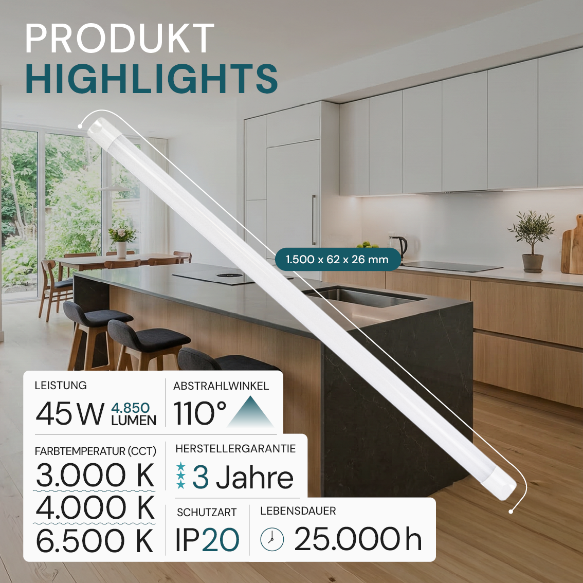 LED Unterbauleuchte, 150 cm, 45 W, 4850 lm, 3000-4000-6500 K, IP20, Lichtfarbe einstellbar, mit Anschlussblock, weiß