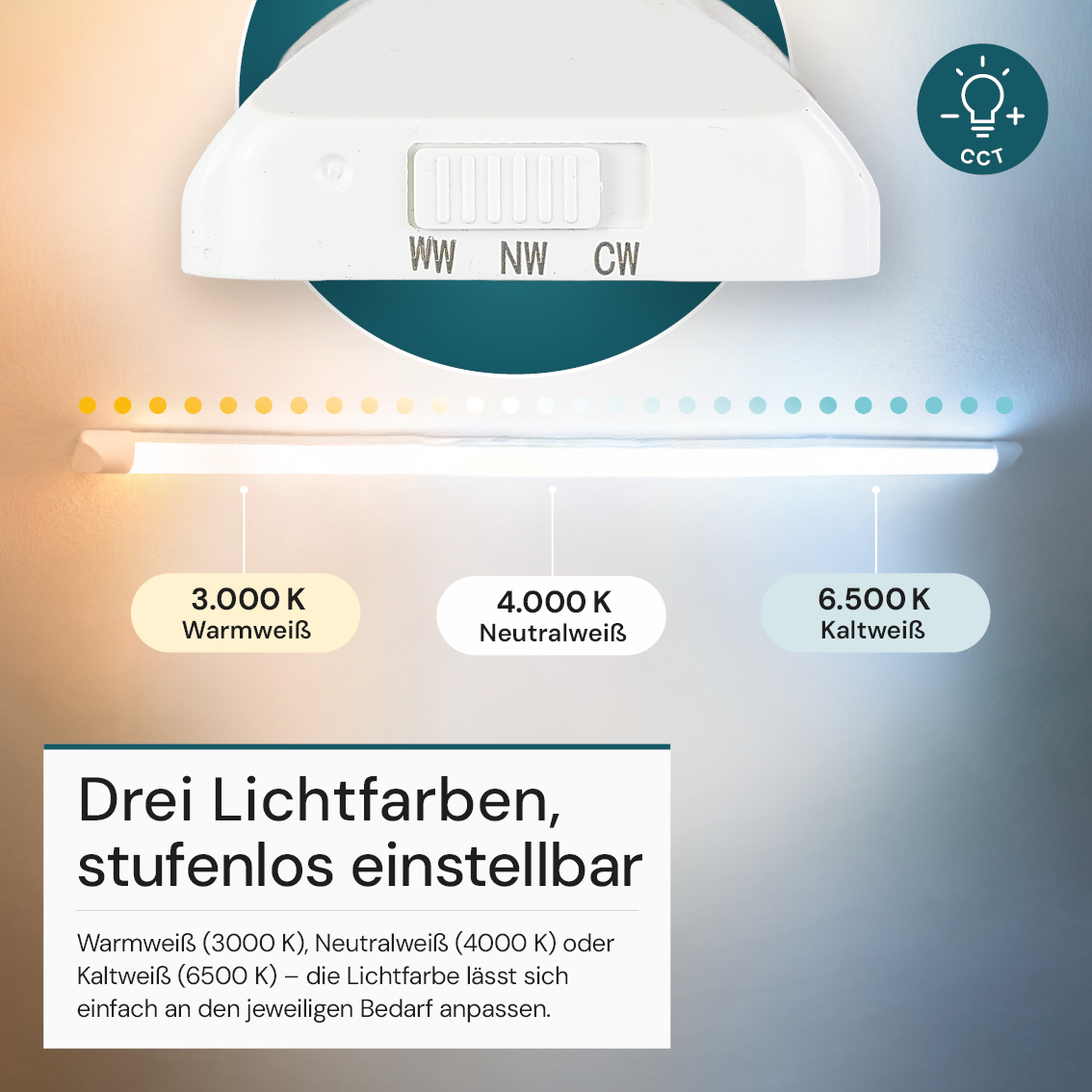 LED Unterbauleuchte, 150 cm, 45 W, 4850 lm, 3000-4000-6500 K, IP20, Lichtfarbe einstellbar, mit Anschlussblock, weiß
