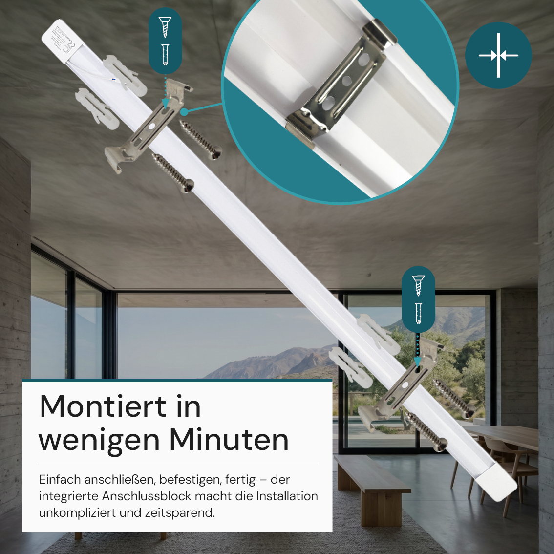 LED Unterbauleuchte, 150 cm, 45 W, 4850 lm, 3000-4000-6500 K, IP20, Lichtfarbe einstellbar, mit Anschlussblock, weiß