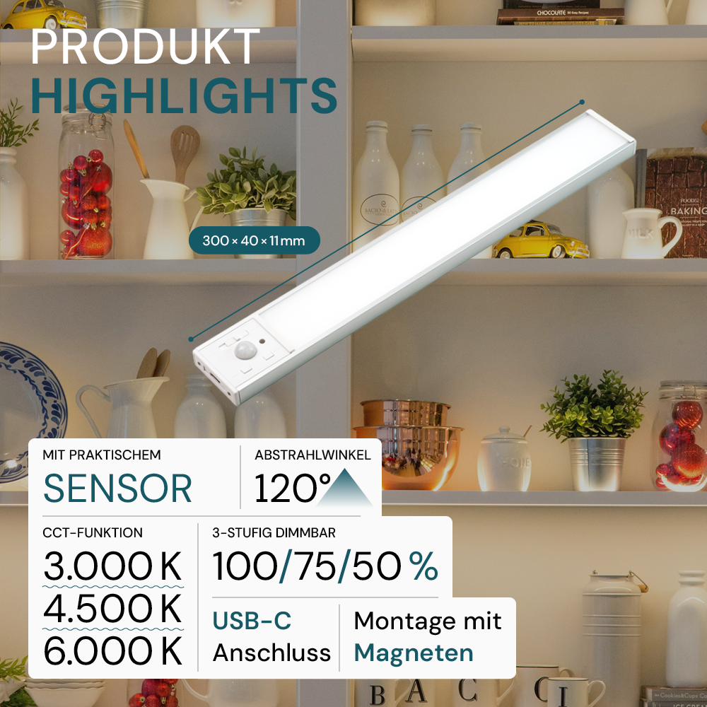 LED Schrankbeleuchtung mit Bewegungsmelder, Silberton, 30 cm, dimmbar, einstellbare Lichtfarbe, USB-aufladbar, einfache Befestigung, Unterbauleuchte