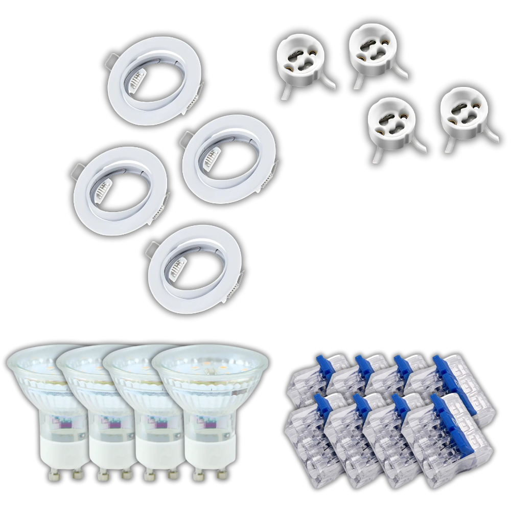 4er-Pack Einbauringe inkl. 4xAnschlussleitungen, 4xGU10 Leuchtmittel und 8xAnschlussklemme, warmweiß (2700K), matt weiß, rund, schwenkbar.
