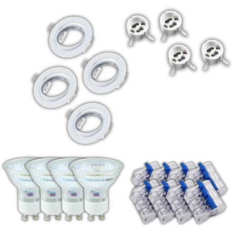 4er-Pack Einbauringe inkl. 4xAnschlussleitungen, 4xGU10 Leuchtmittel und 8xAnschlussklemme, warmweiß (2700K), matt weiß, rund, schwenkbar.