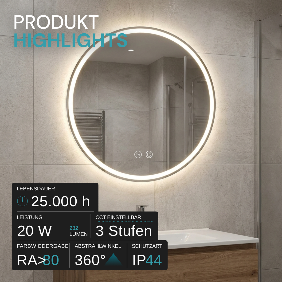 LED Spiegelleuchte, 20 W, 232 lm, ⌀600mm, 3CCT, Touchdimmer, Anti-Beschlag, silber.