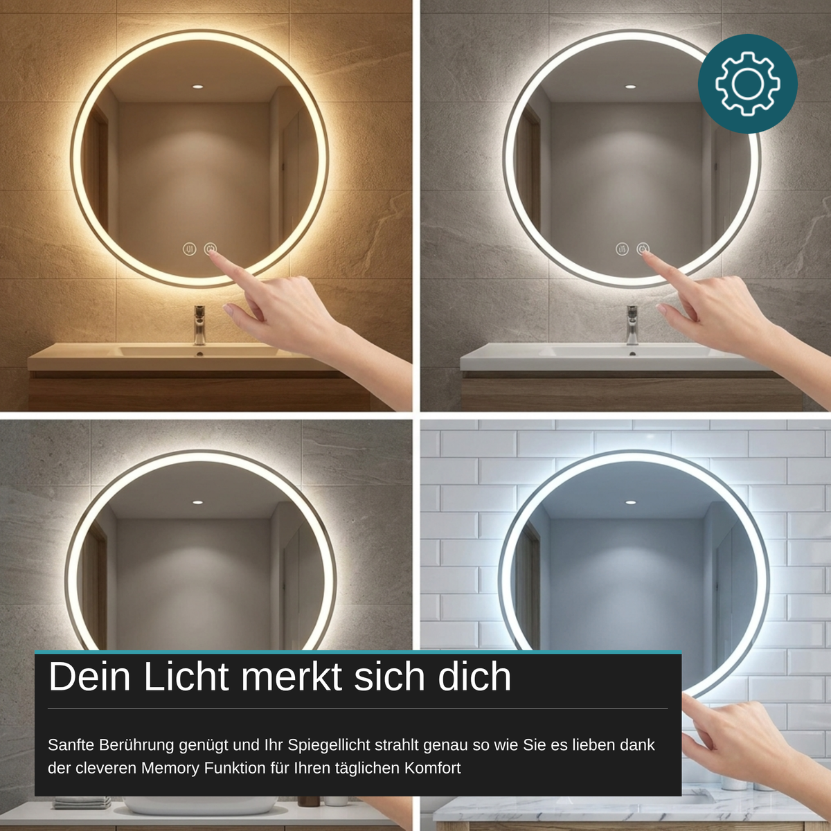 LED Spiegelleuchte, 20 W, 232 lm, ⌀600mm, 3CCT, Touchdimmer, Anti-Beschlag, silber.