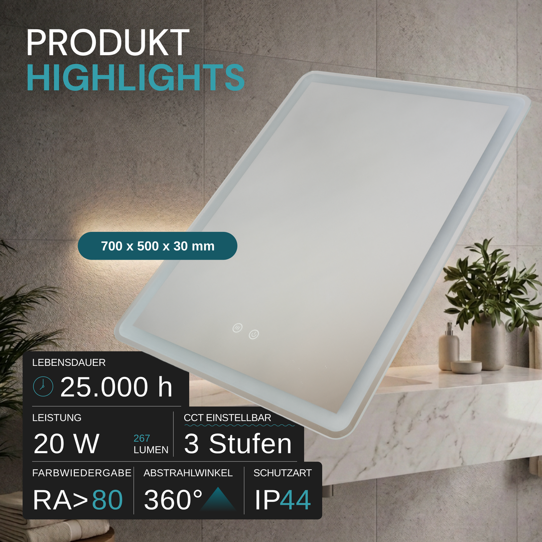 LED Spiegelleuchte, 20 W, 267 lm, 700x500mm, 3CCT, Touchdimmer, Anti-Beschlag, silber