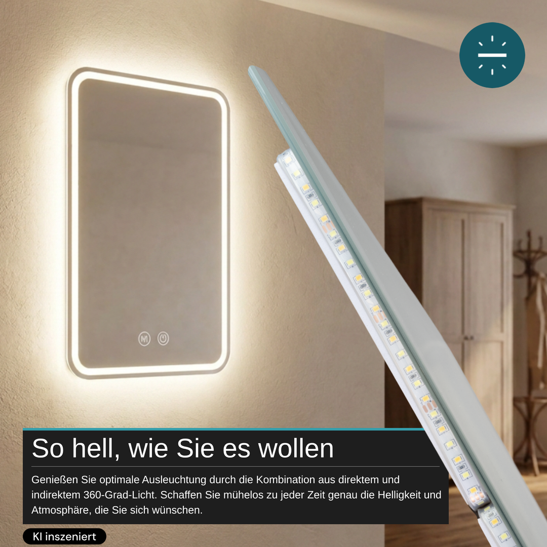 LED Spiegelleuchte, 20 W, 267 lm, 700x500mm, 3CCT, Touchdimmer, Anti-Beschlag, silber