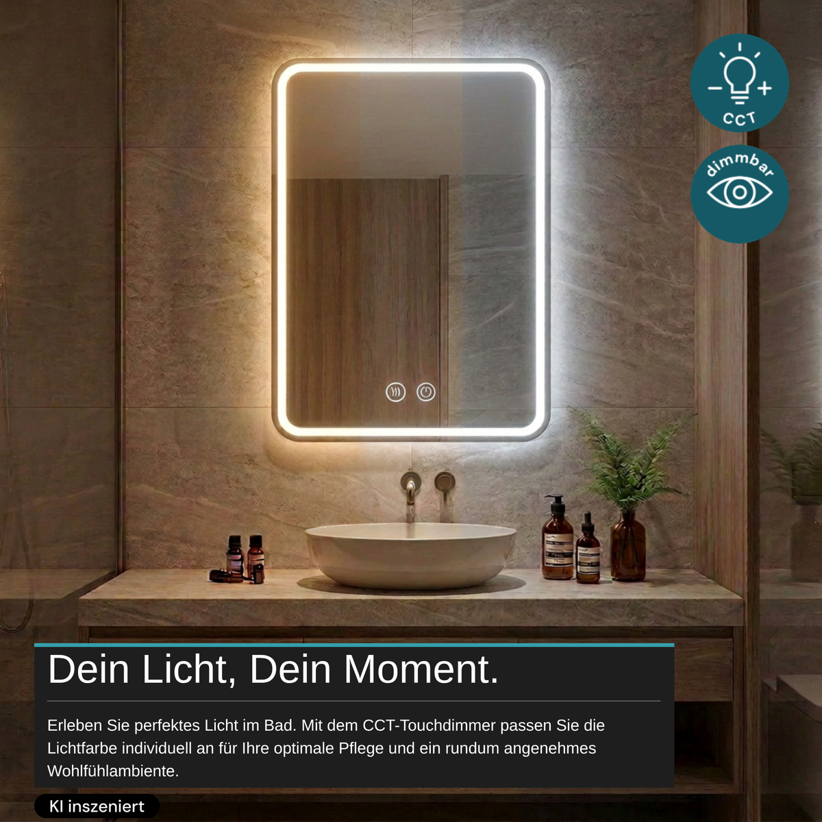 LED Spiegelleuchte, 20 W, 267 lm, 700x500mm, 3CCT, Touchdimmer, Anti-Beschlag, silber.
