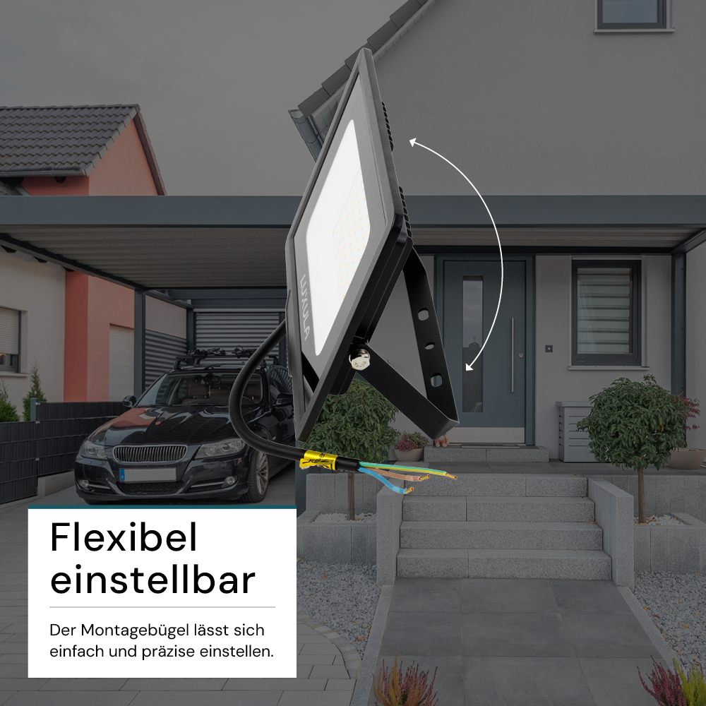 LED-Fluter, 50 W, 4000 K (neutralweiß), 5000 lm, schwarz, IP65.