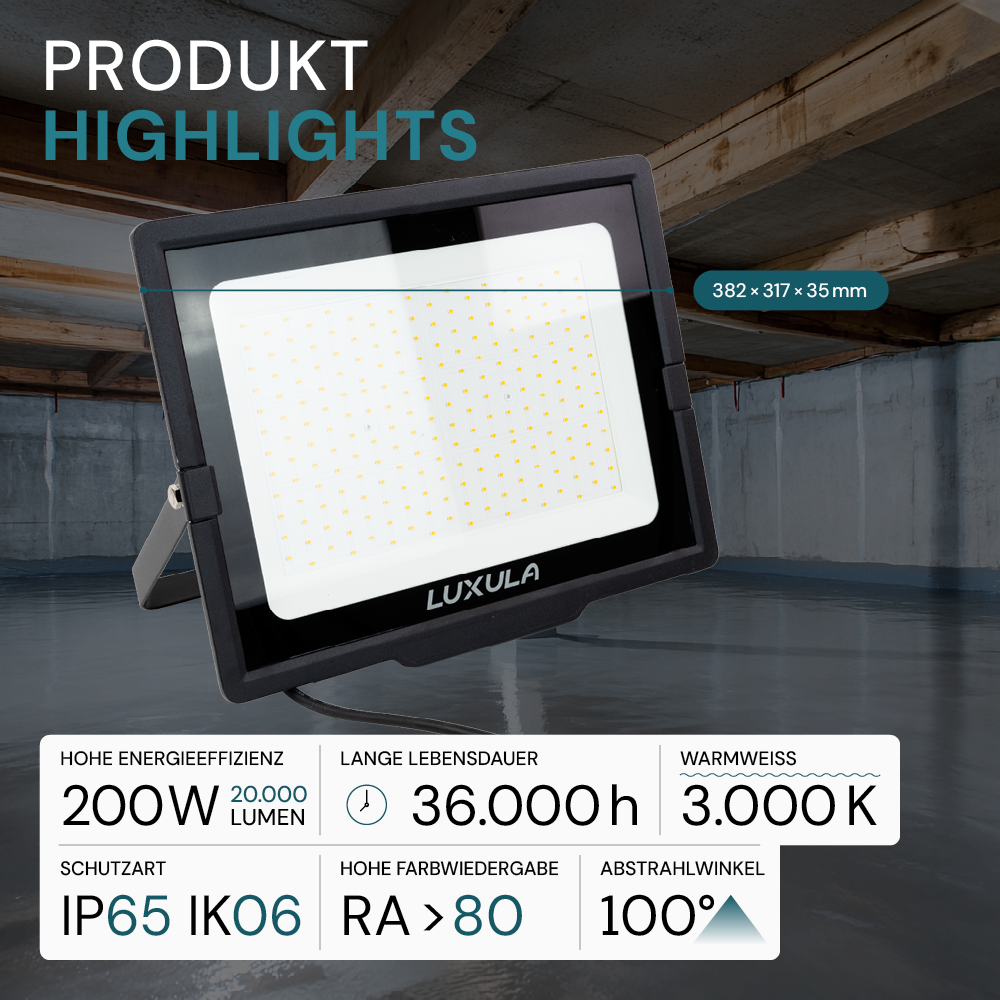 LED-Fluter, 200 W, 3000 K (warmweiß), 20000 lm, schwarz, IP65.