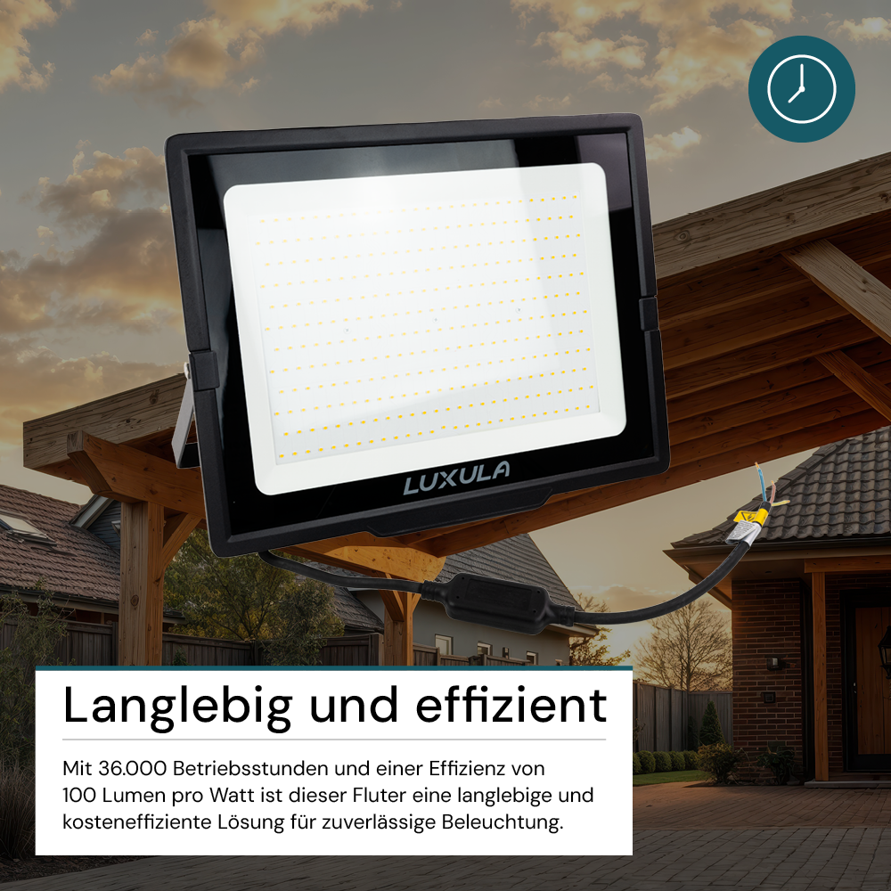 LED-Fluter, 300 W, 3000 K (warmweiß), 30000 lm, schwarz, IP65.