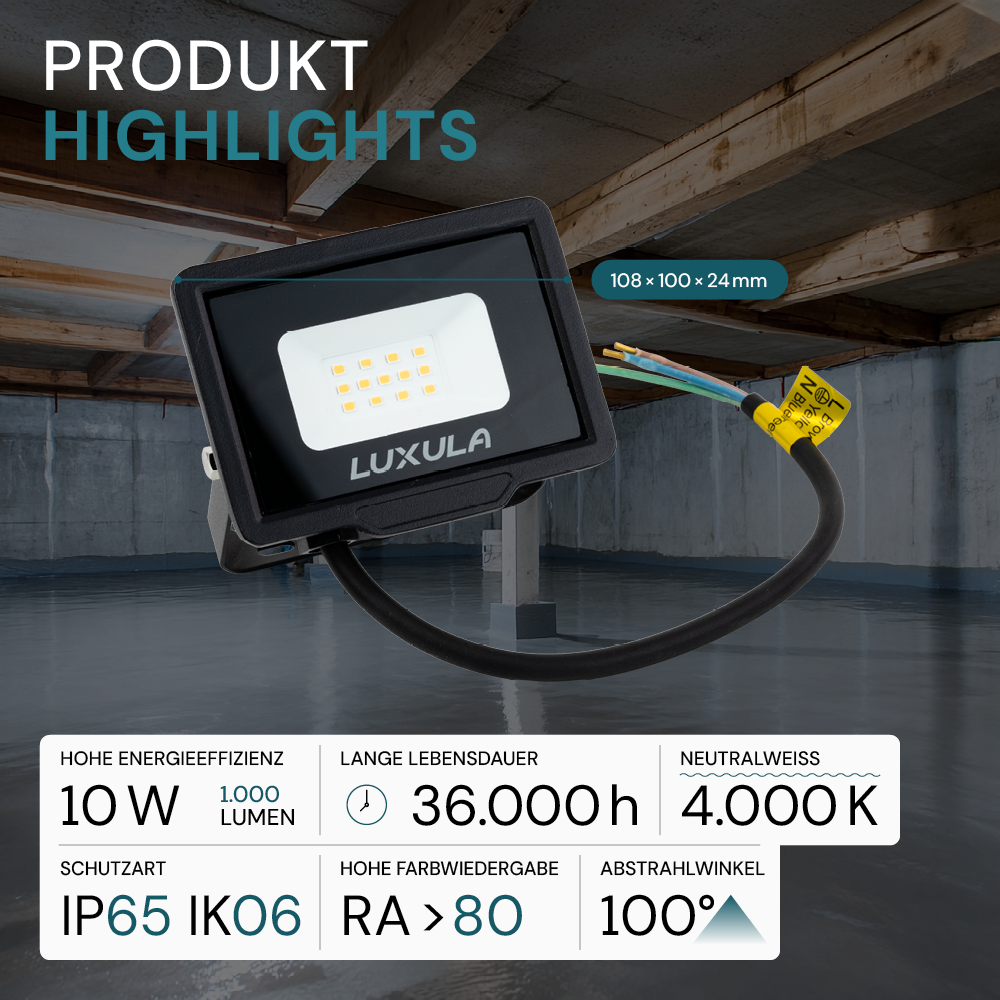 LED-Fluter, 10 W, 4000 K (neutralweiß), 1000 lm, schwarz, IP65.