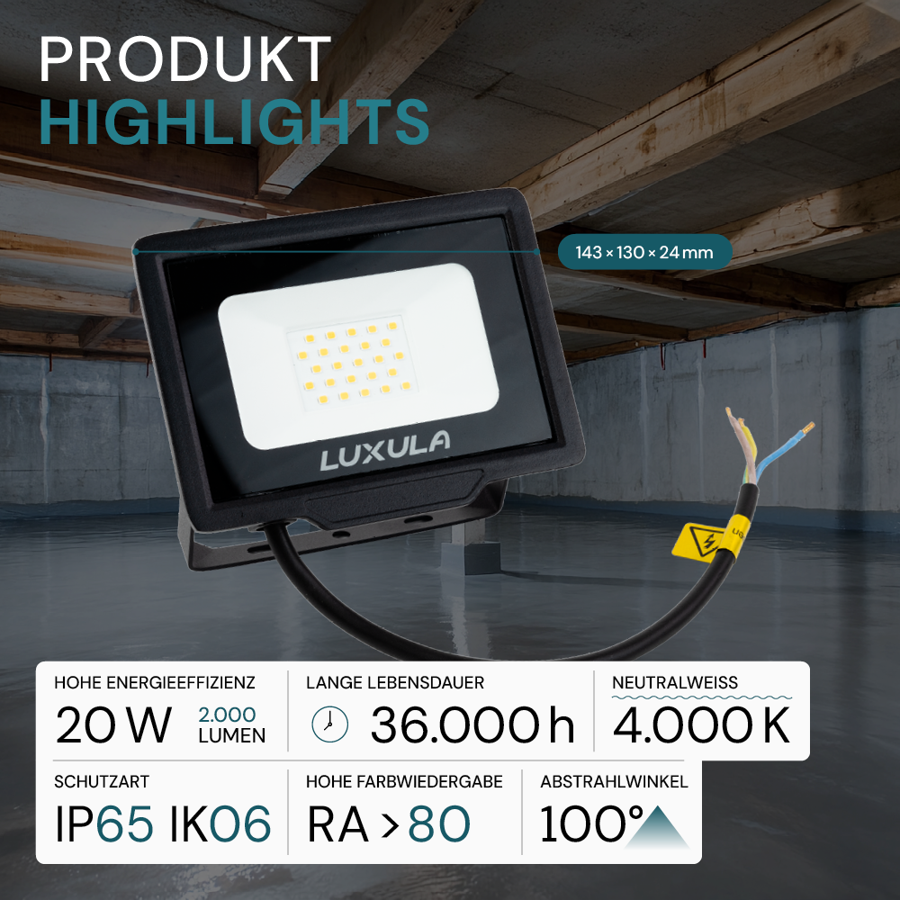 LED-Fluter, 20 W, 4000 K (neutralweiß), 2000 lm, schwarz, IP65.