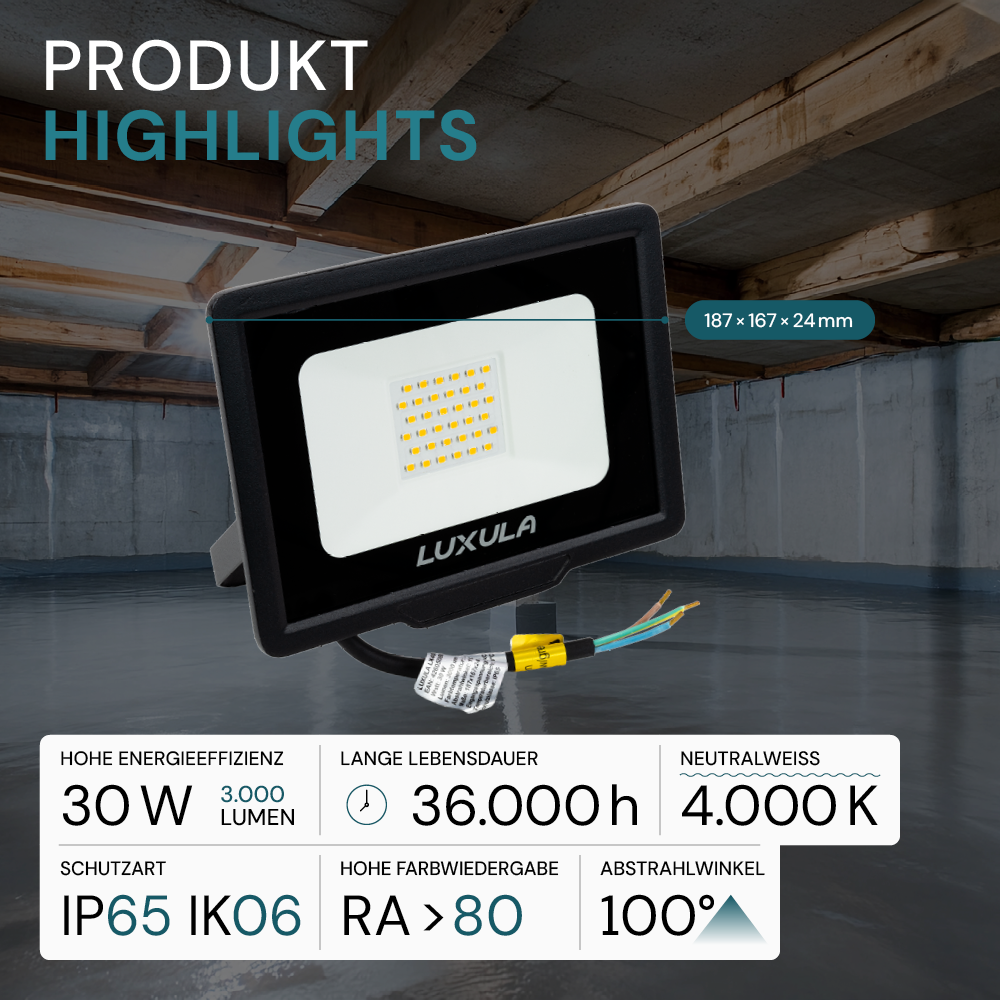 LED-Fluter, 30 W, 4000 K (neutralweiß), 3000 lm, schwarz, IP65.