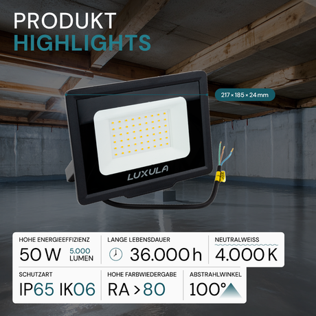 LED-Fluter, 50 W, 4000 K (neutralweiß), 5000 lm, schwarz, IP65.