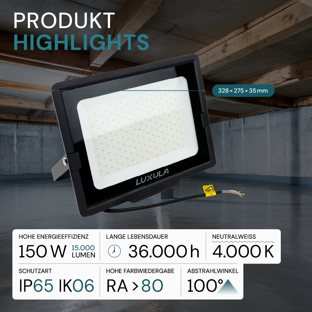 LED-Fluter, 150 W, 4000 K (neutralweiß), 15000 lm, schwarz, IP65.