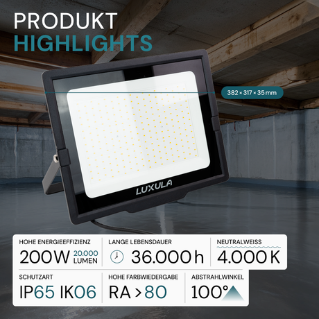 LED-Fluter, 200 W, 4000 K (neutralweiß), 20000 lm, schwarz, IP65.