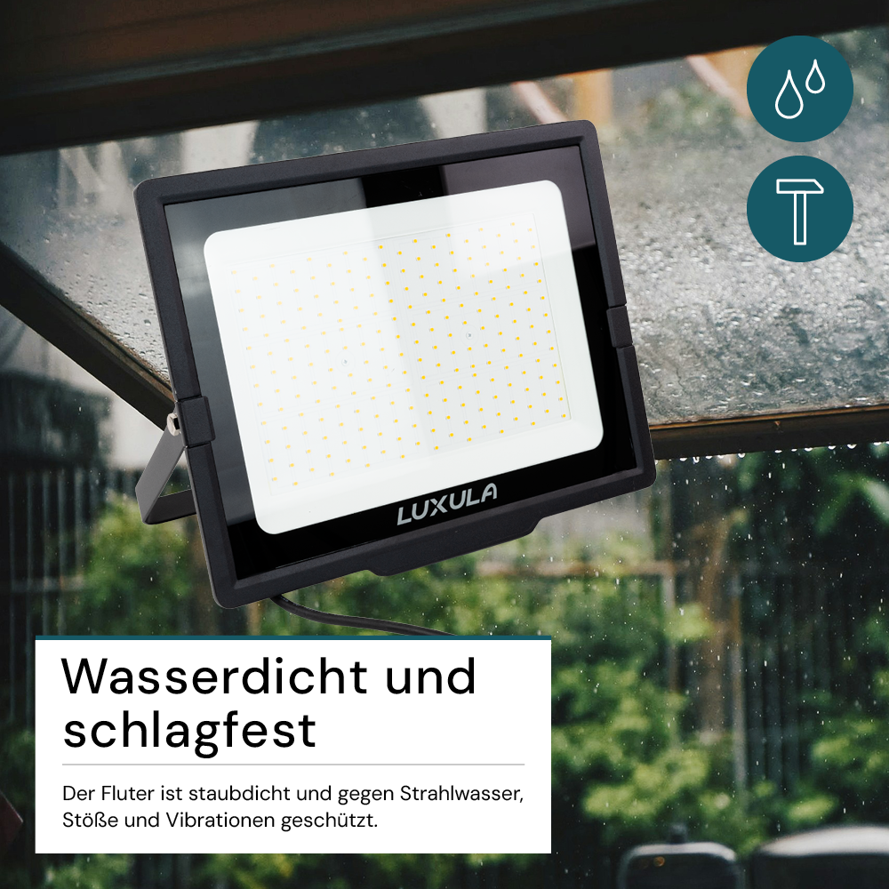 LED-Fluter, 200 W, 4000 K (neutralweiß), 20000 lm, schwarz, IP65.