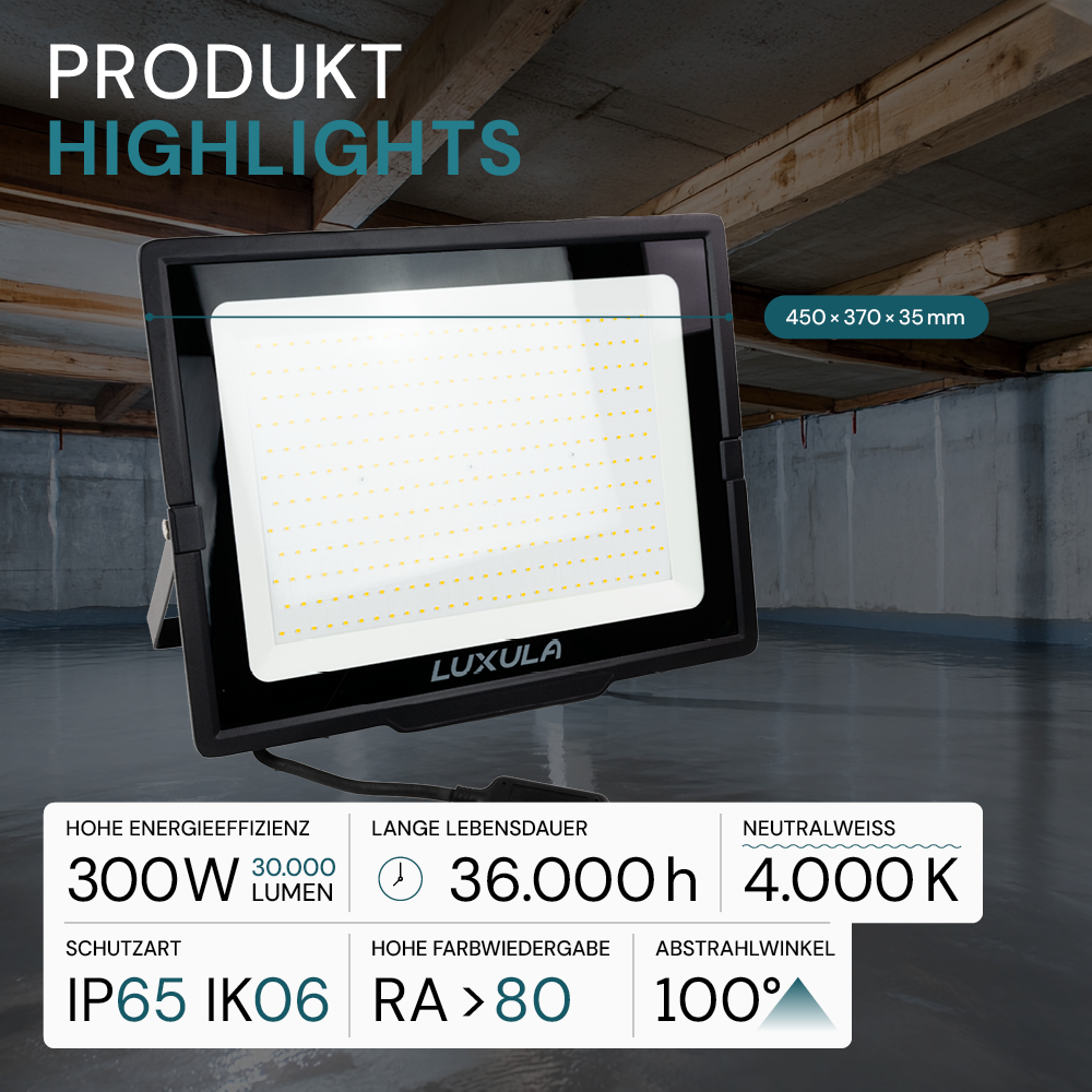 LED-Fluter, 300 W, 4000 K (neutralweiß), 30000 lm, schwarz, IP65.