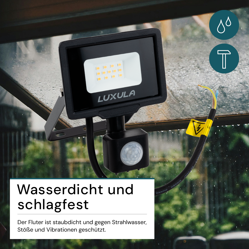 LED-Fluter mit Bewegungsmelder, 10 W, 3000 K (warmweiß), 1000 lm, schwarz, IP65.