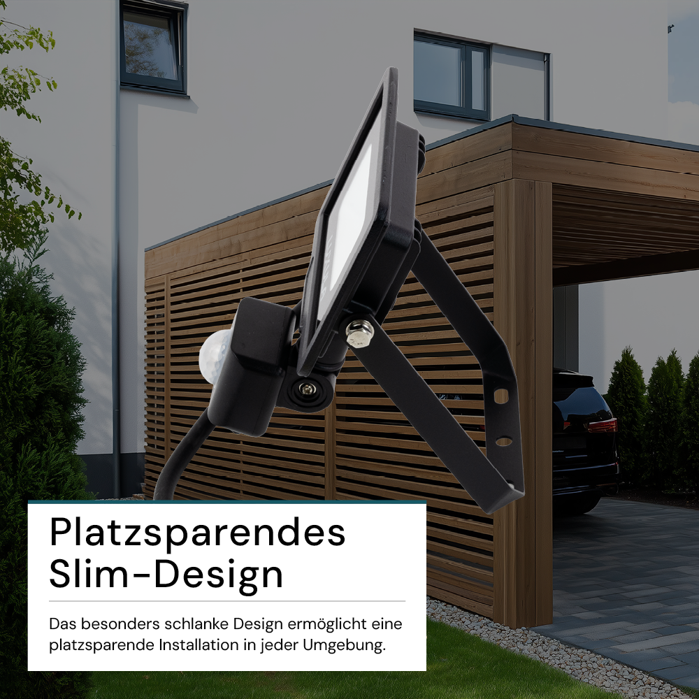 LED-Fluter mit Bewegungsmelder, 10 W, 3000 K (warmweiß), 1000 lm, schwarz, IP65.