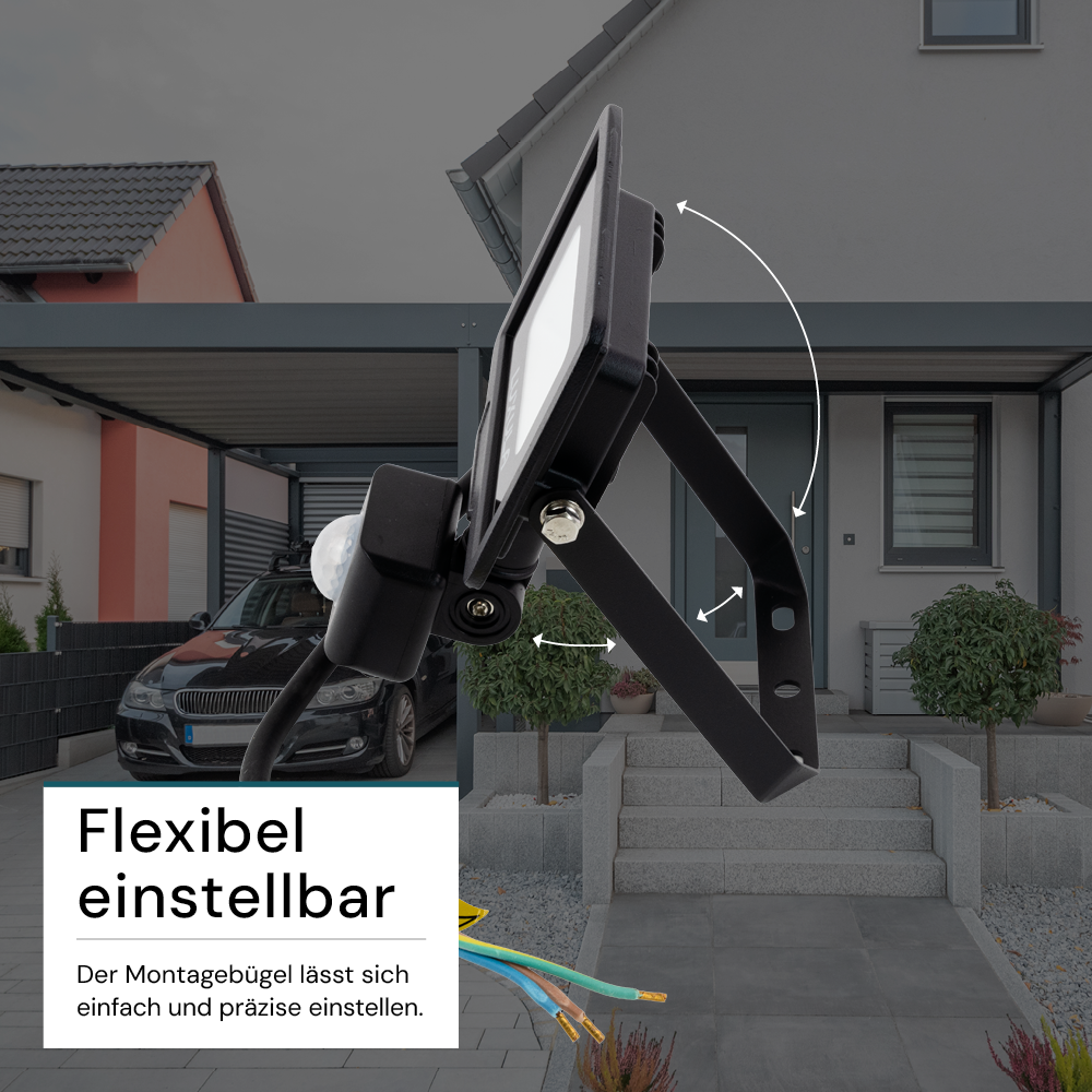 LED-Fluter mit Bewegungsmelder, 10 W, 3000 K (warmweiß), 1000 lm, schwarz, IP65.