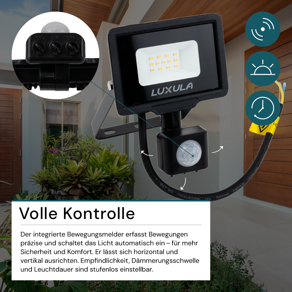 LED-Fluter mit Bewegungsmelder, 10 W, 4000 K (neutralweiß), 1000 lm, schwarz, IP65.