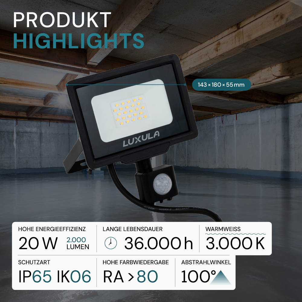 LED-Fluter mit Bewegungsmelder, 20 W, 3000 K (warmweiß), 2000 lm, schwarz, IP65.