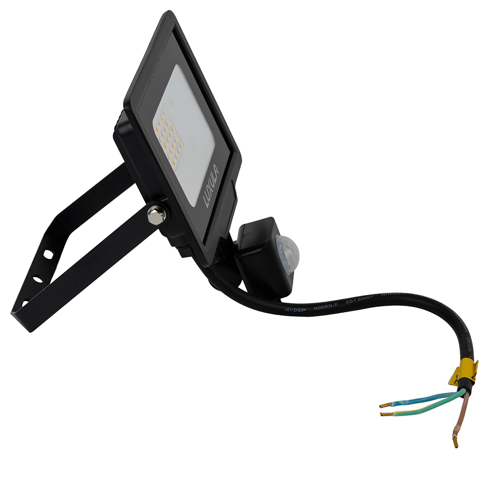 LED-Fluter mit Bewegungsmelder, 20 W, 3000 K (warmweiß), 2000 lm, schwarz, IP65.