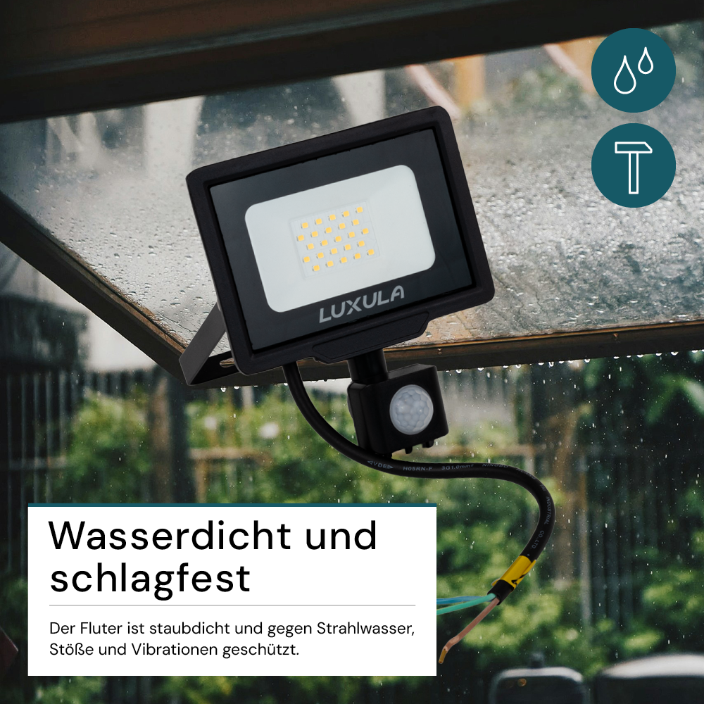 LED-Fluter mit Bewegungsmelder, 20 W, 3000 K (warmweiß), 2000 lm, schwarz, IP65.