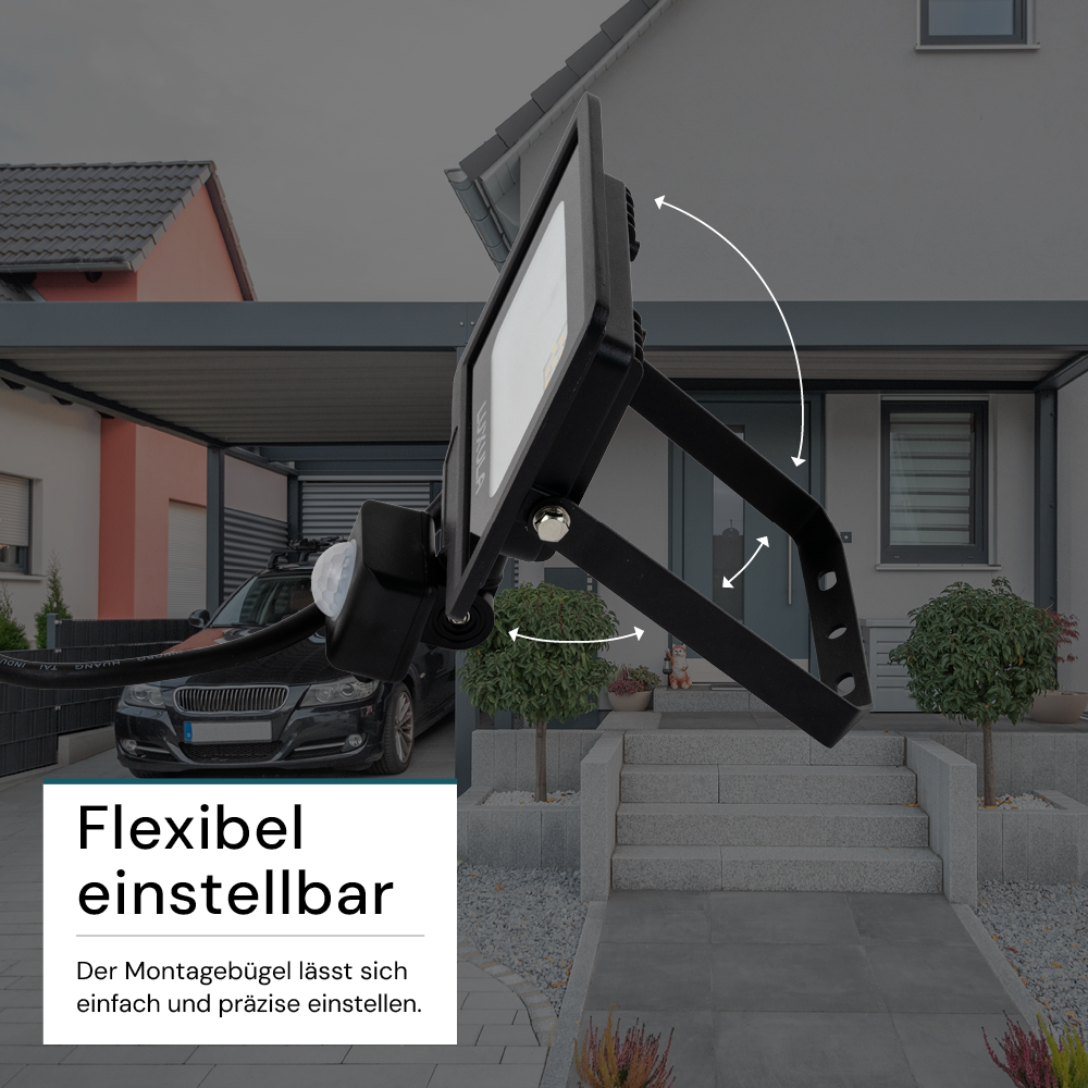 LED-Fluter mit Bewegungsmelder, 20 W, 3000 K (warmweiß), 2000 lm, schwarz, IP65.