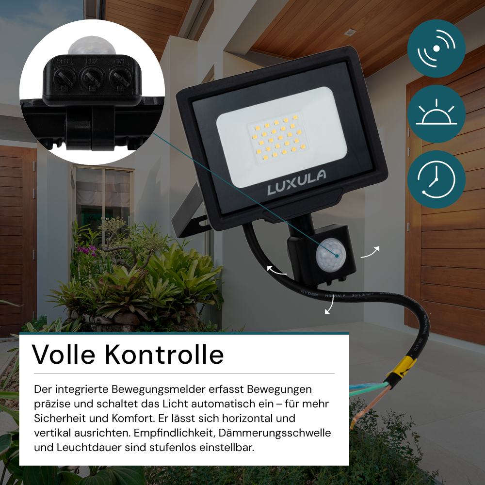 LED-Fluter mit Bewegungsmelder, 20 W, 3000 K (warmweiß), 2000 lm, schwarz, IP65.