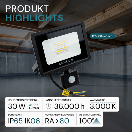 LED-Fluter mit Bewegungsmelder, 30 W, 3000 K (warmweiß), 3000 lm, schwarz, IP65.