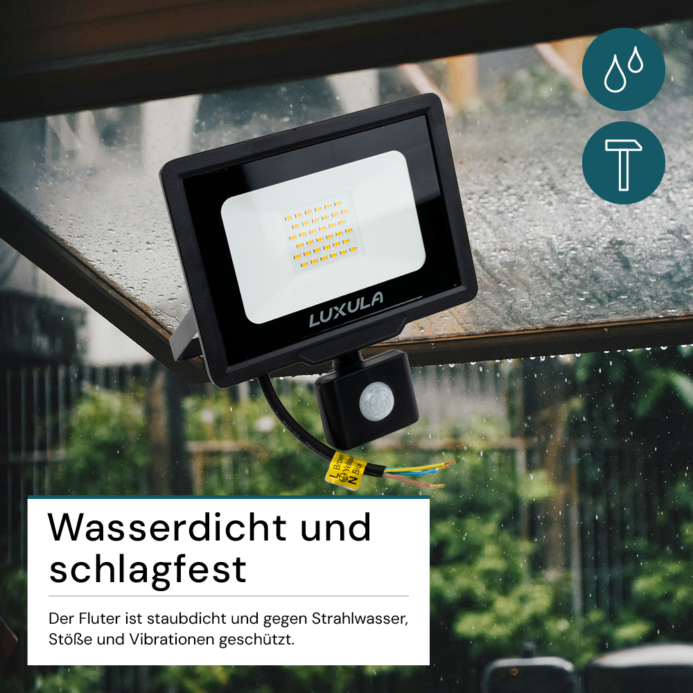 LED-Fluter mit Bewegungsmelder, 30 W, 3000 K (warmweiß), 3000 lm, schwarz, IP65.