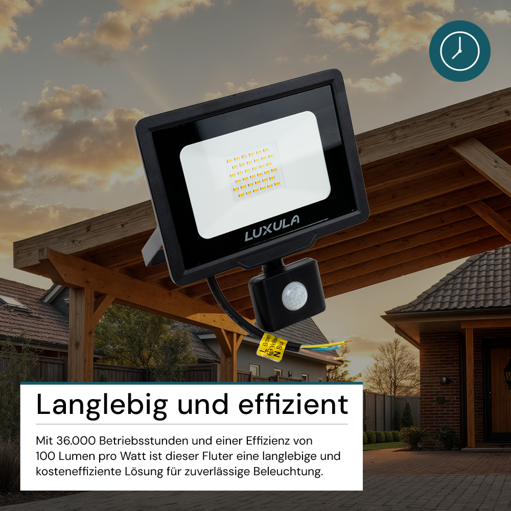 LED-Fluter mit Bewegungsmelder, 30 W, 3000 K (warmweiß), 3000 lm, schwarz, IP65.