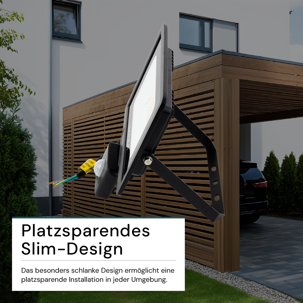 LED-Fluter mit Bewegungsmelder, 30 W, 3000 K (warmweiß), 3000 lm, schwarz, IP65.