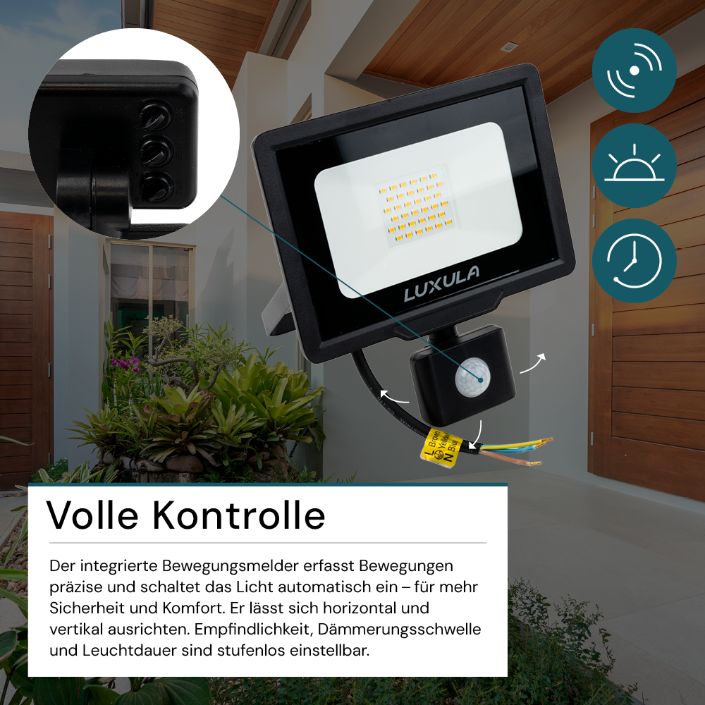 LED-Fluter mit Bewegungsmelder, 30 W, 3000 K (warmweiß), 3000 lm, schwarz, IP65.