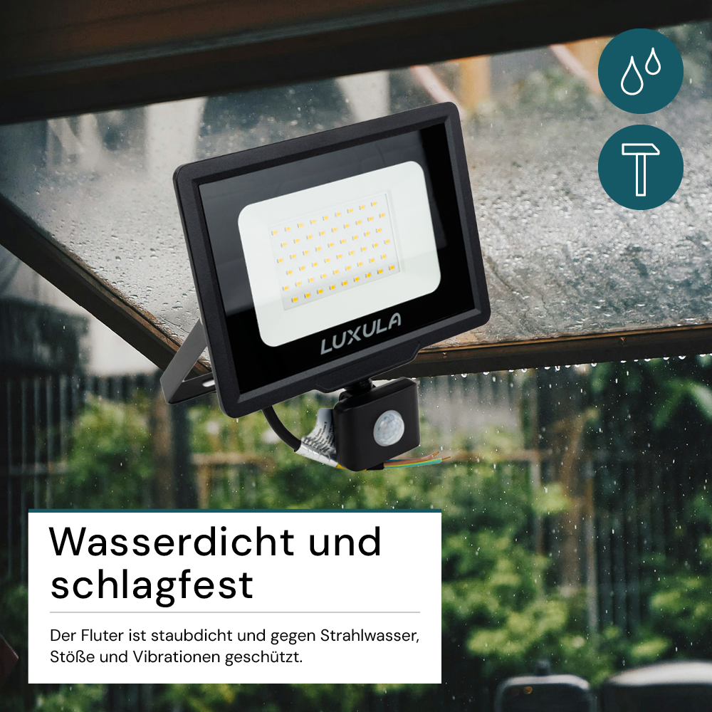 LED-Fluter mit Bewegungsmelder, 50 W, 3000 K (warmweiß), 5000 lm, schwarz, IP65.