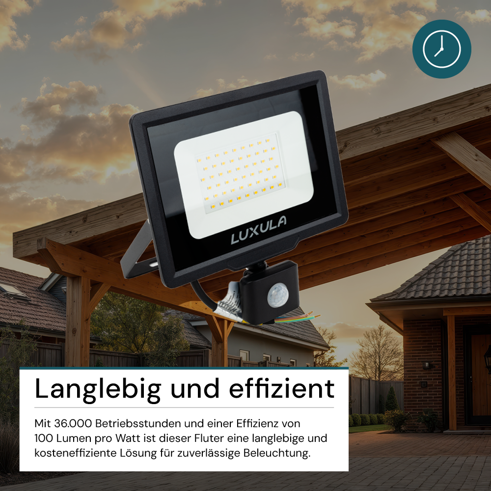 LED-Fluter mit Bewegungsmelder, 50 W, 3000 K (warmweiß), 5000 lm, schwarz, IP65.