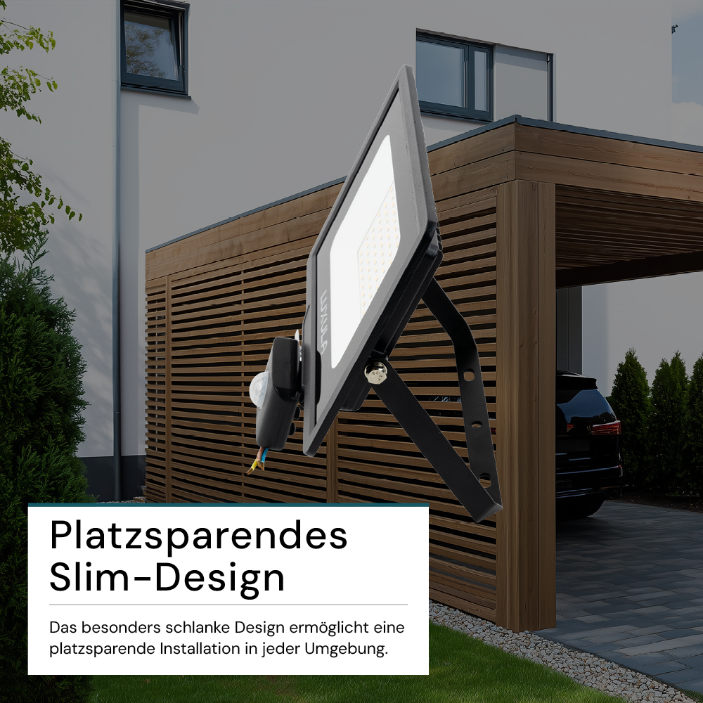 LED-Fluter mit Bewegungsmelder, 50 W, 3000 K (warmweiß), 5000 lm, schwarz, IP65.