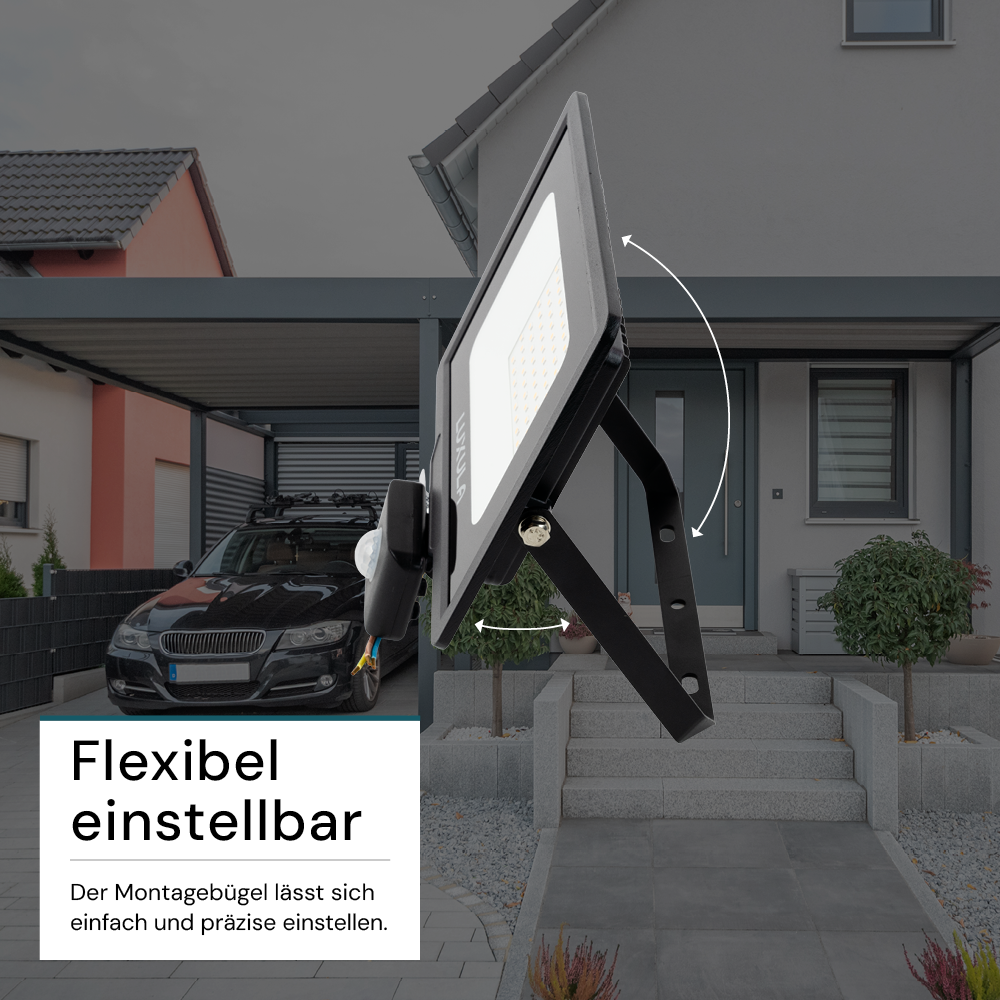 LED-Fluter mit Bewegungsmelder, 50 W, 3000 K (warmweiß), 5000 lm, schwarz, IP65.