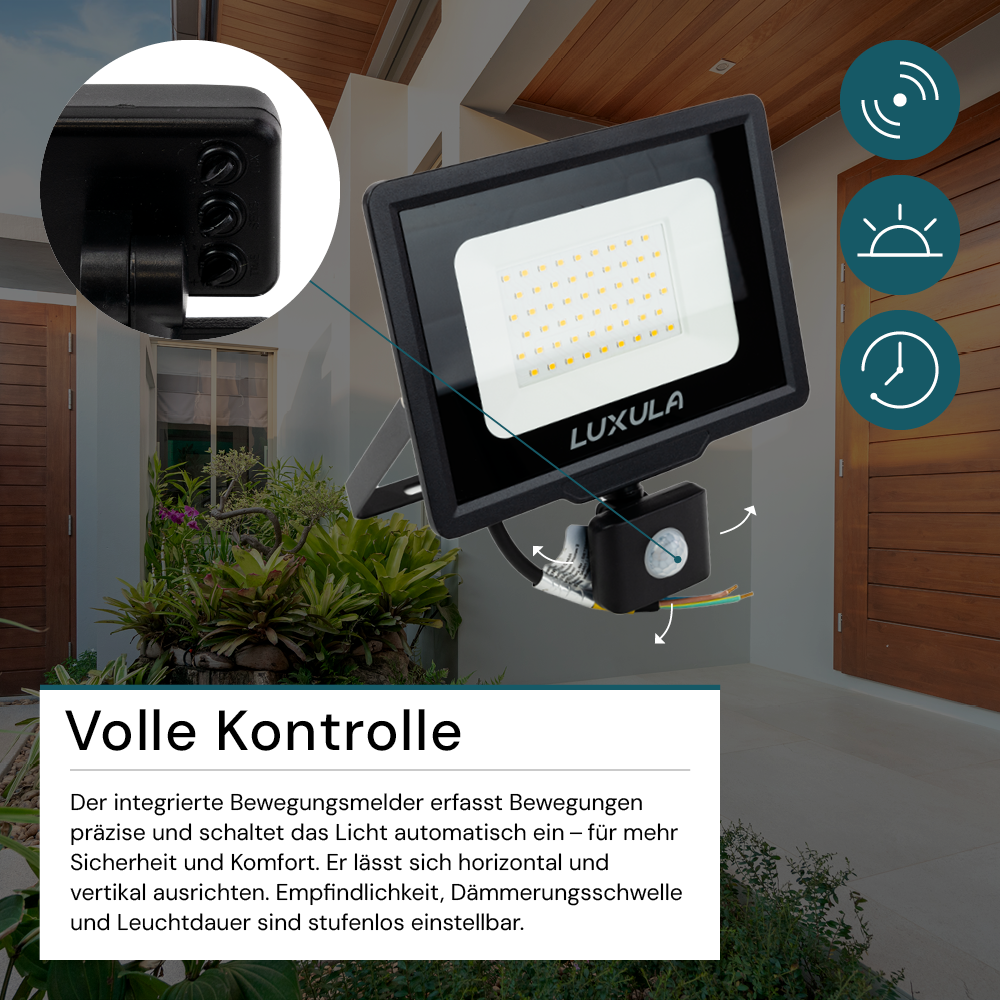 LED-Fluter mit Bewegungsmelder, 50 W, 3000 K (warmweiß), 5000 lm, schwarz, IP65.