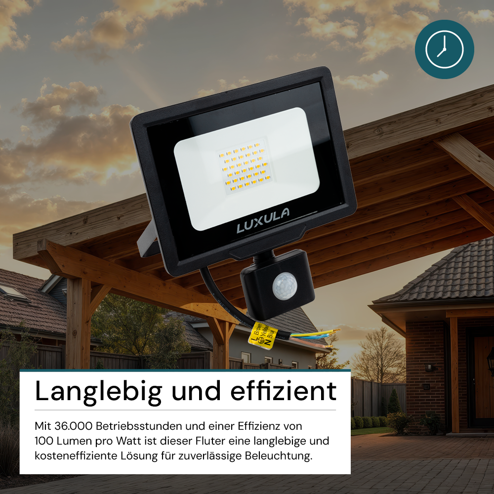 LED-Fluter mit Bewegungsmelder, 30 W, 4000 K (neutralweiß), 3000 lm, schwarz, IP65.