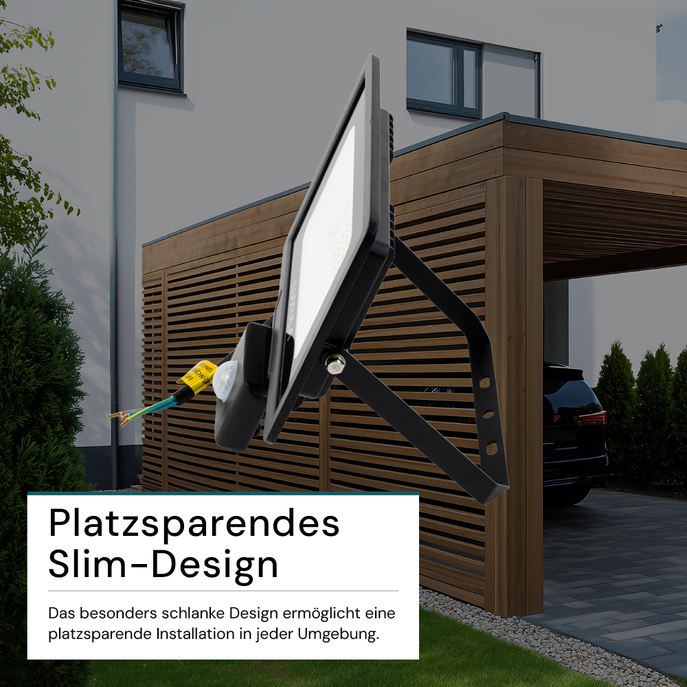 LED-Fluter mit Bewegungsmelder, 30 W, 4000 K (neutralweiß), 3000 lm, schwarz, IP65.