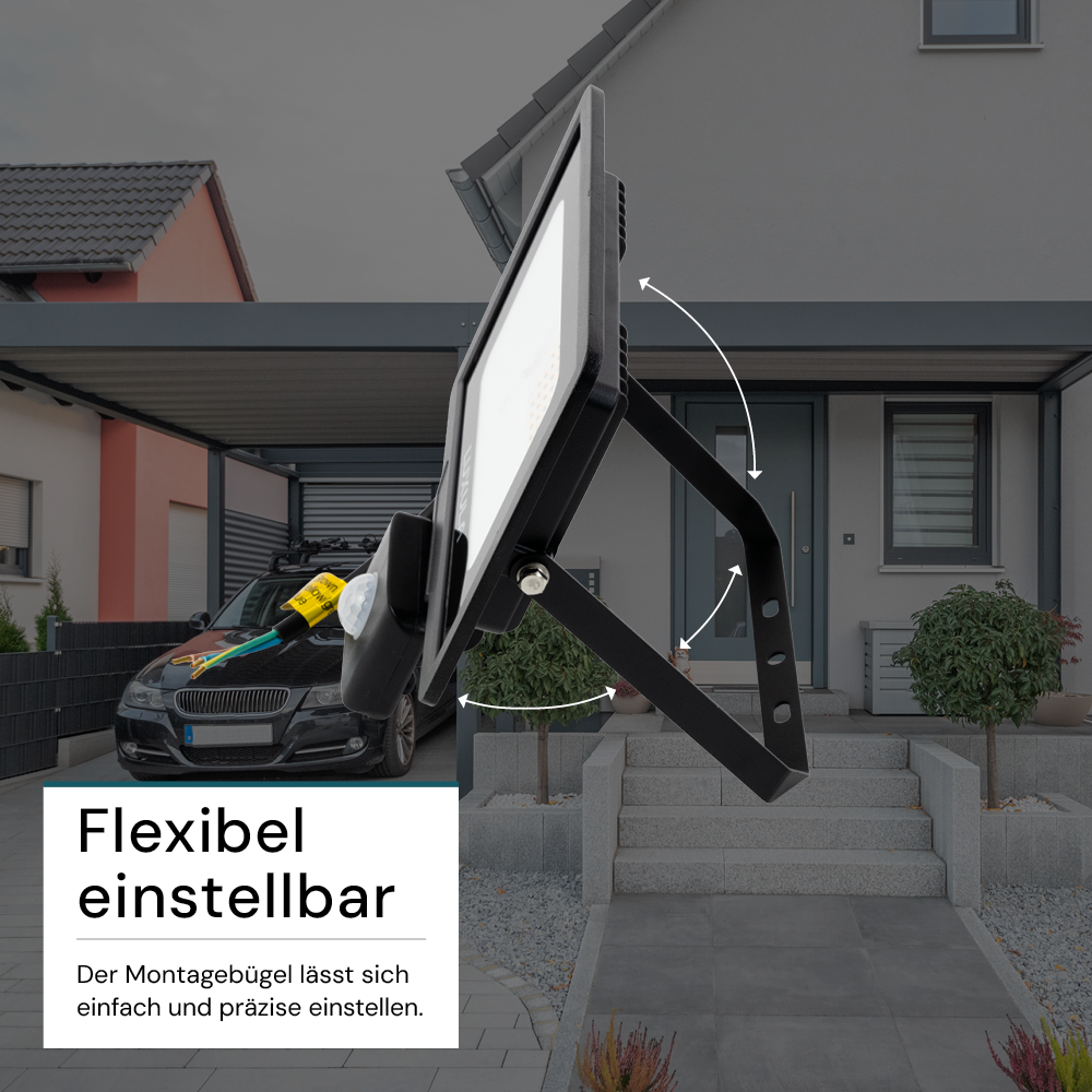 LED-Fluter mit Bewegungsmelder, 30 W, 4000 K (neutralweiß), 3000 lm, schwarz, IP65.