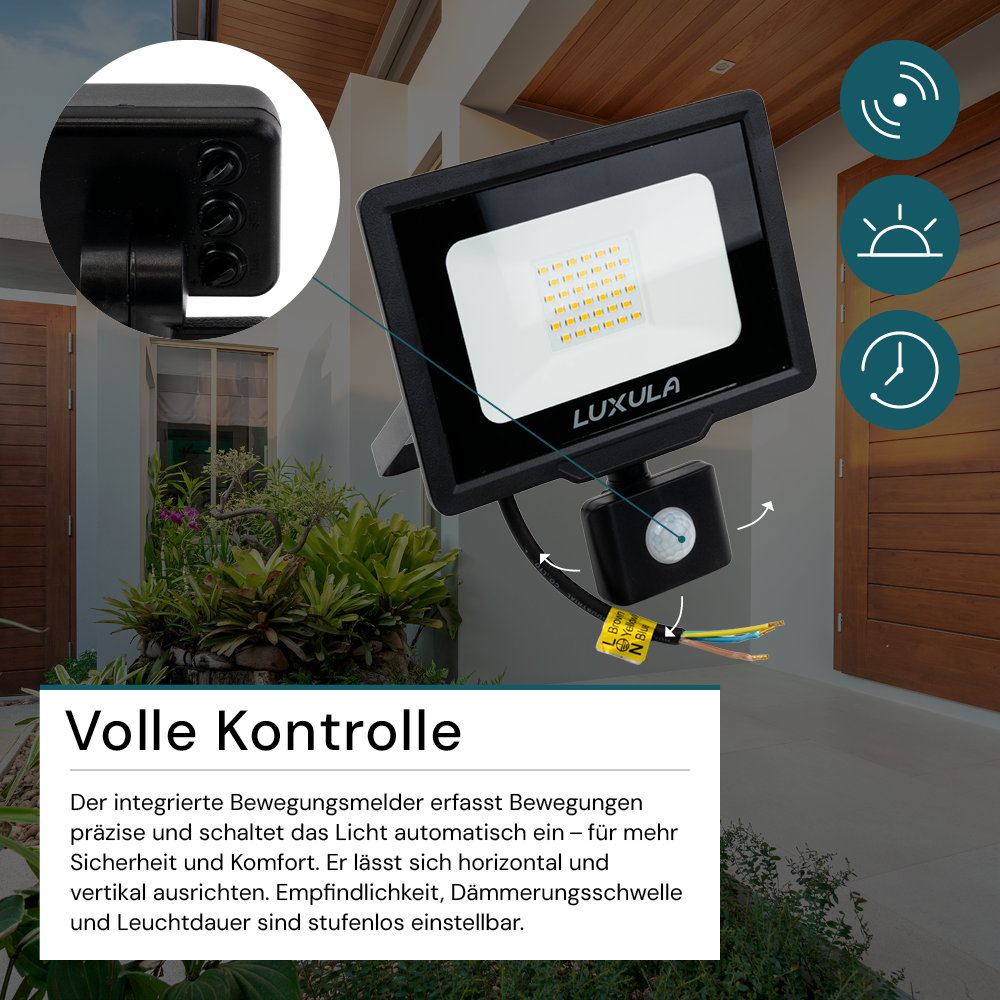 2er Pack LED-Fluter mit Bewegungsmelder, 30 W, 4000 K (neutralweiß), 3000 lm, schwarz, IP65.