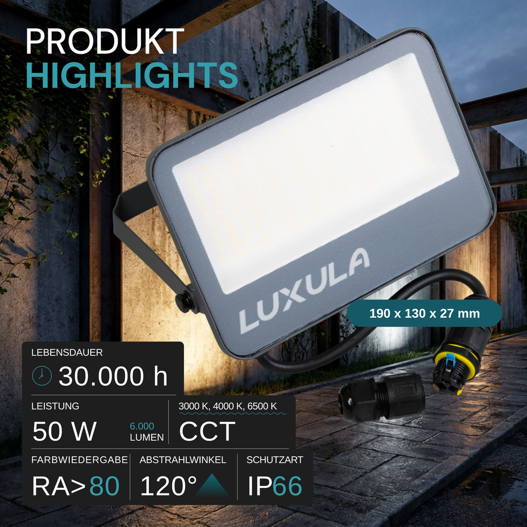 LED CCT Fluter, 50 W, 3CCT(3000K-4000K-6500K), 6000 lm, IP66, IK08, Grau.