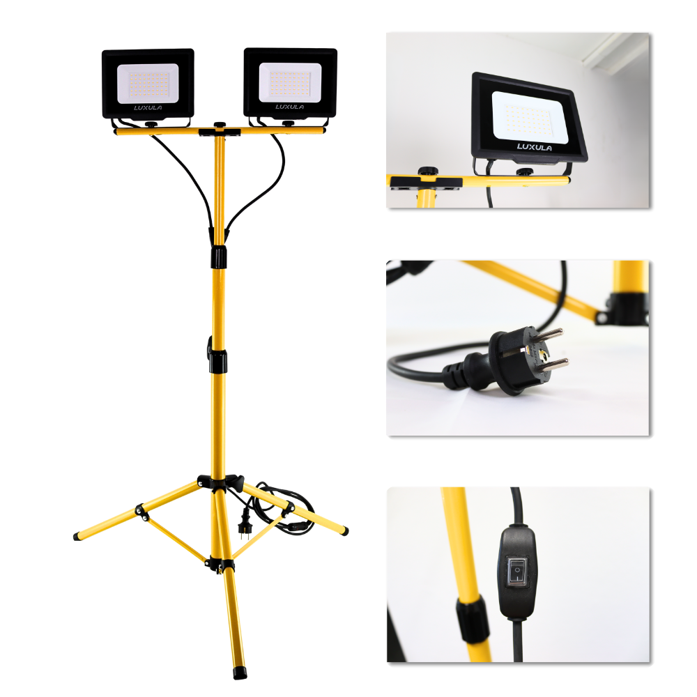 LED Baustrahler mit Stativ, 2x 50 W, 4000 K (neutralweiß), 10000 lm, IP65, Schutzkontaktstecker, Ein/Aus-Schalter.