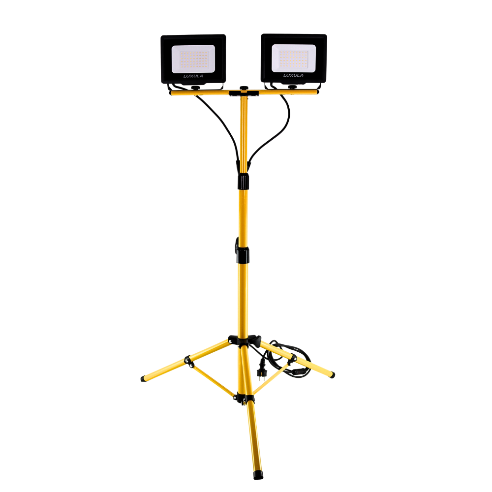 LED Baustrahler mit Stativ, 2x 50 W, 4000 K (neutralweiß), 10000 lm, IP65, Schutzkontaktstecker, Ein/Aus-Schalter.