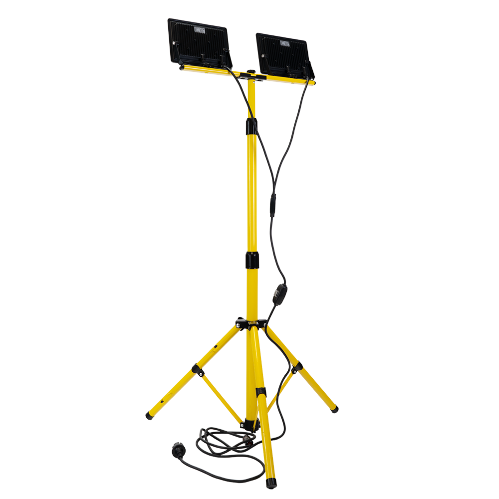 LED Baustrahler mit Stativ, 2x 50 W, 4000 K (neutralweiß), 10000 lm, IP65, Schutzkontaktstecker, Ein/Aus-Schalter