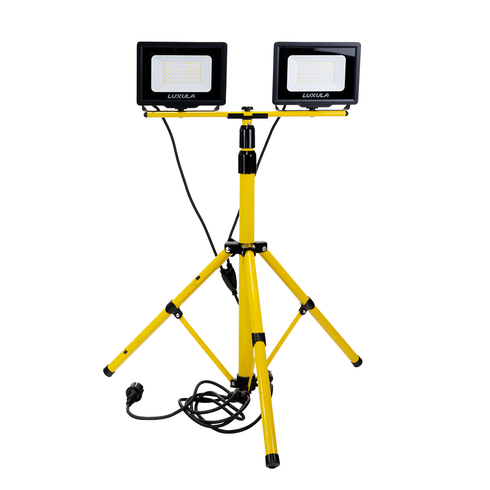 LED Baustrahler mit Teleskop-Stativ, 2x 30 W, 4000 K (neutralweiß), 6000 lm, IP65, Schutzkontaktstecker, Ein/Aus-Schalter